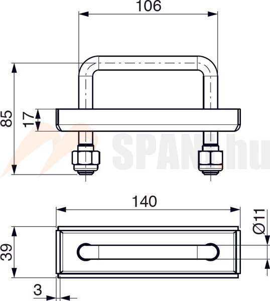 Rögzítő fül 95x85 mm süllyesztett lemezzel