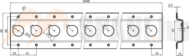 Teherrögzítő sín vízszintes átm.25 mm furatok L=3000 mm